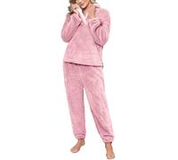 Niwicee Womens Pyjamas Warm Fleece Pyjamas Set Winter Soft Ladies 2 Piece Nightwear Loungewear Set Longsleeve Top and Thermal Bottoms Pjs Sleepwear with Pocket S-XXL(Pink,XL)