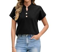 Niwicee Womens Summer Button Down Shirts Short Sleeve V-Neck Top 100% Cotton Blouse Solid Color Rolled Up Sleeve T Shirt Ladies Casual Loose Fit Basic Tee (Black, S)