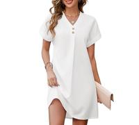 Niwicee Women's Summer Dress - White, S - A-Line, Above the Knee, V-Neck, Casual, Solid Color, Polyester, Short Sleeve, Button Closure, Strapless, Mid Waist, Adult Women, Dress