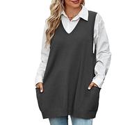 Niwicee Womens Sweater Vest Loose Knitted Sleeveless Jumpers Tank Top Knitwear V-Neck Vintage Knit Pullover Waistcoat with 2 Pockets(Dark Grey,XL)