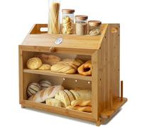 NIXBYO Double Layer Bamboo Bread Box, Thermometer Bread Box with Knife Holder Chopping Board Rack Air Vents Keep Bread Fresh, Farmhouse Bread Box Organiser for Kitchen Counter Corner
