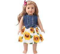 NIXNUT Doll Clothes Jeans Dress with Bow Summer Clothing for American Girl Doll 18-inch with Sunflower Pattern