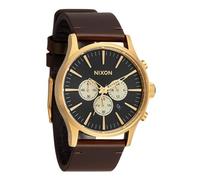 NIXON Sentry Chrono Leather A1391-100m Water Resistant Men's Analog Chronograph Watch (42mm Watch Face, 23mm Leather Band), Gold / Indigo / Brown, One Size, Sentry Chrono Leather