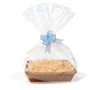 NIXRET 30x20 cm Hamper Basket Gift Set Empty, Small Brown Wicker Tray with Cellophane Wood Wool & Bow, Complete DIY Kit for Birthdays Presents & Gift Wrapping (Small 30x20cm)