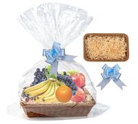 NIXRET 35x25 cm Hamper Basket Gift Set Empty, Medium Brown Wicker Tray with Cellophane Wood Wool & Bow, Complete DIY Kit for Birthdays Presents & Gift Wrapping (Medium 35x25cm)