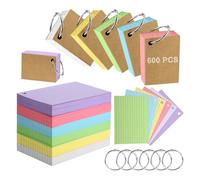 NIXRET A8 Flash Card, 6 Pack 600 Pcs Revision Cards Index Cards Ruled Flashcards Multicolor Kraft Paper Notecards Cue Cards with 6 Metal Binder Rings for Office School Home Study Record