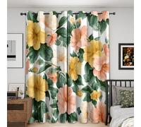 NIYAKA Watercolor Floral Blackout Curtains for Living Room, Pink Flowers Green Leaf Curtains for Bedroom, Thermal Insulated Eyelet Botanical Window Treatments 90 Drop, 2 Panels Drapes (W90 x L90)