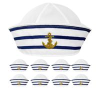 NIYANGLE 12pcs Blue White Stripe Sailor Costume Hat for Adults with Rolled Brim and Full-closing Design, Comfortable Polyester Nautical Captain Hat for Group Adventures the Yacht