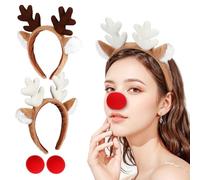NIYANGLE 2 Set Reindeer Antlers Headband with Red Deer Nose Christmas Antler Headband for Adult Women Cute Deer Ears Headwear Animal Cosplay Costume for Halloween Christmas Party