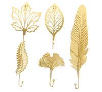 NIYANGLE 5pcs Gold Plume Leaf Wall Hooks Decorative Multipurpose Coat Towel Key Hangers Iron Art Deco Stylish Organizer for Bathroom Bedroom Hallway Living