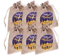 NIYANGLE 6pcs Eid Mubarak Candy Bags with Drawstring Design Portable Linen Treat Bags for Ramadan Festival for Holiday Gift Packaging