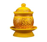 NIYANGLE Ceramic Buddhist Holy Water Cup Lotus Design Medium Yellow Offering Mug for Worship and Sacrifice Water Purification Function