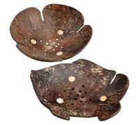 NIYANGLE Creative 2pcs Pet Food Bowl and Self-draining Soap Dish Set, Southeast Asian Coconut Shell Wood Material, Cute Fish Petal Designs, Multi-function Bathroom and Household Use