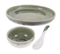 NIYANGLE Decorative Ceramic Tableware Kit for One Person Green Dinnerware Set with Bowl Dish and Spoon Handmade Vintage Style Rounded Edges High-Grade Practical Porcelain for Home Dining