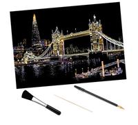 NIYANGLE DIY London Tower Bridge Scratch Drawing Kit with Art Craft Tools Scratch Papers for Easy Scratch-Off Night City Scene Drawing for Kindergarten and Primary School Creativity
