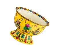 NIYANGLE Enamel Painted 3.5-inch Yellow Lotus Eight Auspicious Symbols High Foot Ceramic Buddhist Offering Bowl for Worship Rituals and Temple Decor