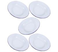 NIYANGLE Enamel Round Hot Pot Plates Set of 5 16Cm Diameter Stackable White with Blue Border Serving Plates for Restaurant and Home Use
