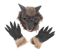 NIYANGLE Halloween Party Latex Wolf Head Mask and Gloves Dark Grey Werewolf Costume Accessory for Adults Scary Roleplay Props for Carnival and Theme Celebrations