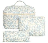 NIYANGLE Portable Quilted Cotton Makeup Bag Set with Zippered Pouches, Floral White Orchid Design, Travel Toiletry and Skincare Organizer for Women