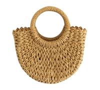 NIYANGLE Straw Woven Half-moon Shape Handbag Brown, Summer Leisure Tote Bag with Top Handle, Women’s Fashion Beach Handheld Pouch for Casual Outings