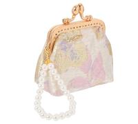 NIYANGLE Vintage Chinese Brocade Handheld Coin Purse for Women with Imitation Pearl Beading and Metal Frame, Elegant Small Travel Wallet Suitable for Daily Outings and Bridal Use