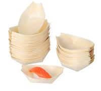 NIYANGLE Wood Boat Plate, 50pcs 3IN Disposable Wood Serving Boats Disposable Leaf Dishes Food Dessert Paper Plates Sushi Serving Tray for Catering Home Hawaiian Party Supplies