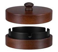 NIYANGLE Wooden Lid Ashtray with Stainless Steel Liner Large Round Outdoor Ashtray with Handle for Smokers Windproof Patio Cigar for Garden and Travel Use