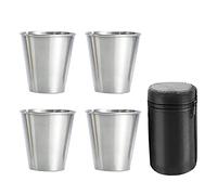 NIZEAMI Stainless Steel Shot Cups, Set of 4 Cups, Metal Shot Glasses, Stackable, Hip Flask Small with Leather Bag for Outdoor