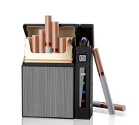 Nizirioo Dual Bow Lighter Cigarette Box, Digital Battery Indicator, USB Rechargeable, Black Metal Cigarette Case with Lighter, Flap Closure
