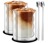 Nizirioo Set of 2 Latte Macchiato Glasses 200 ml Double-Walled Glasses Cappuccino Cups Coffee Glasses Thermal Glasses Drinking Glasses Coffee Cups Clear Glass Tea Glasses Spiral Shape with 6 Spoons 2