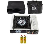 NJ-500 Portable Camping Gas Stove Single Burner Stainless Steel Outdoor Butane Canisters (Stove + 2 Canisters)