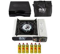 NJ-500 Portable Camping Gas Stove Single Burner Stainless Steel Outdoor Butane Canisters (Stove + 6 Canisters)