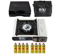 NJ-500 Portable Camping Gas Stove Single Burner Stainless Steel Outdoor Butane Canisters (Stove + 8 Canisters)