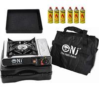 NJ-500 Portable Camping Gas Stove Single Burner Stainless Steel Outdoor Butane GRILL Plate Canisters (Stove + GRILL + 6 Canisters)