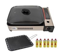 NJ Camping Gas BBQ Grill Plate Non-stick Deep Dish Pan Butane Stove Portable Cooker Glass LID (Gas Grill + 6 Canisters)