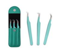 NJ Eyelash Tweezers Set of 3 Professional Lash Tweezers for Eyelash Extensions, Curved & Precision Lash Applicator Tools, Stainless Steel Lash Tweezer Kit for Eyelash Grafting (Sea Green/Gold)