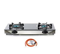 NJ NGB-S2 Indoor Gas Stove 2 burners Hob Black Glass Cooker 6.8kW with Regulator Set (Butane 21mm Clip-on)