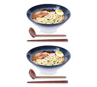 NJCHARMS Ramen Bowls, Ramen Noodle Soup Bowl, 2 Sets (6 Piece) 60 Ounce, with Spoons and Chopsticks for Udon Pho Asian Noodles, Noodle Bowls Large (Blue-Green)