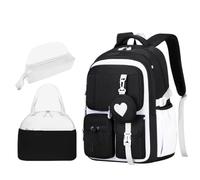 NJIEzhao Backpack Set Love Pattern School Bag Backpack Pencil Case Lunch Bag Three Piece Set Nylon Fabric Waterproof(White Set)
