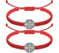 NJIEzhao Woven Rope Bracelet 2 Pcs Catholic Saint Benedict Medal Bracelets Adjustable Black and Red String Religious Jewelry Gifts for Men Women(Red String)