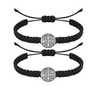 NJIEzhao Woven Rope Bracelet 2 Pcs Catholic Saint Benedict Medal Bracelets Adjustable Black and Red String Religious Jewelry Gifts for Men Women(Black String)