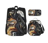 njkhbolk Abstract Marble Ink Texture Print 3 In 1 Backpack Set With Lunch Bag And Pencil Case,Suitable Work,Picnic,Travel, Black, One Size
