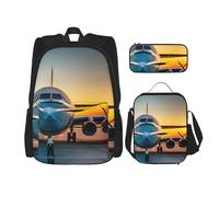 njkhbolk Aircraft Plane At Sunsets Print 3 In 1 Backpack Set With Lunch Bag And Pencil Case,Suitable Work,Picnic,Travel, Black, One Size