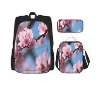 njkhbolk Beautiful Cherry Blossoms Print 3 In 1 Backpack Set With Lunch Bag And Pencil Case,Suitable Work,Picnic,Travel, Black, One Size