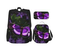 njkhbolk Beautiful Purple Butterfly Print 3 In 1 Backpack Set With Lunch Bag And Pencil Case,Suitable Work,Picnic,Travel, Black, One Size