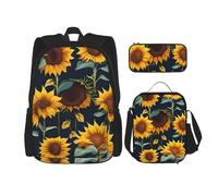 njkhbolk Beautiful Sunflower Print Print 3 In 1 Backpack Set With Lunch Bag And Pencil Case,Suitable Work,Picnic,Travel, Black, One Size