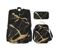 njkhbolk Black Marble Texture Gold Print 3 In 1 Backpack Set With Lunch Bag And Pencil Case,Suitable Work,Picnic,Travel, Black, One Size