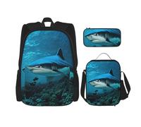 njkhbolk Blue Shark Print 3 In 1 Backpack Set With Lunch Bag And Pencil Case,Suitable Work,Picnic,Travel, Black, One Size
