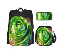 njkhbolk Bright Cabbage Print 3 In 1 Backpack Set With Lunch Bag And Pencil Case,Suitable Work,Picnic,Travel, Black, One Size