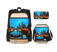njkhbolk Chicago Reflected Print 3 In 1 Backpack Set With Lunch Bag And Pencil Case,Suitable Work,Picnic,Travel, Black, One Size